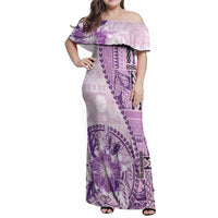 Samoa Siapo Elegant Family Matching Off Shoulder Maxi Dress and Hawaiian Shirt Hibiscus Violet Motifs - Polynesian Pride