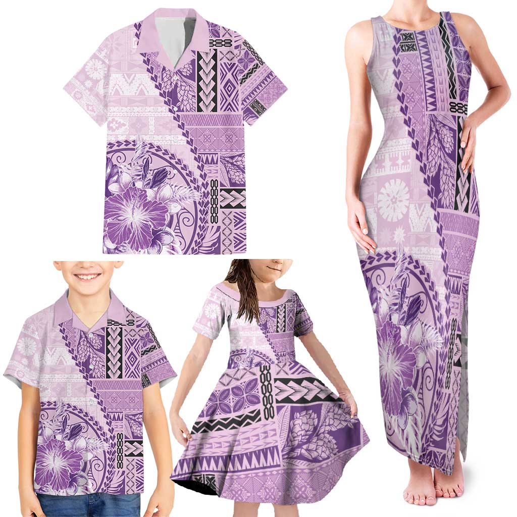 Samoa Siapo Elegant Family Matching Tank Maxi Dress and Hawaiian Shirt Hibiscus Violet Motifs - Polynesian Pride
