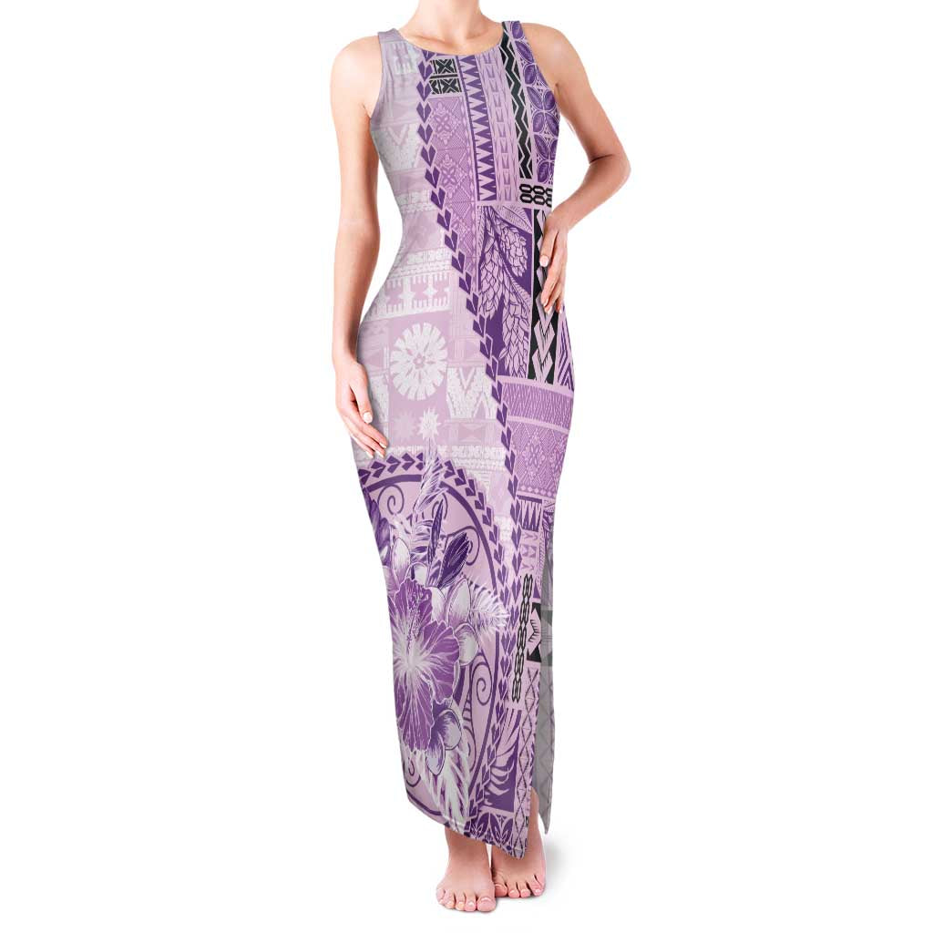 Samoa Siapo Elegant Family Matching Tank Maxi Dress and Hawaiian Shirt Hibiscus Violet Motifs - Polynesian Pride