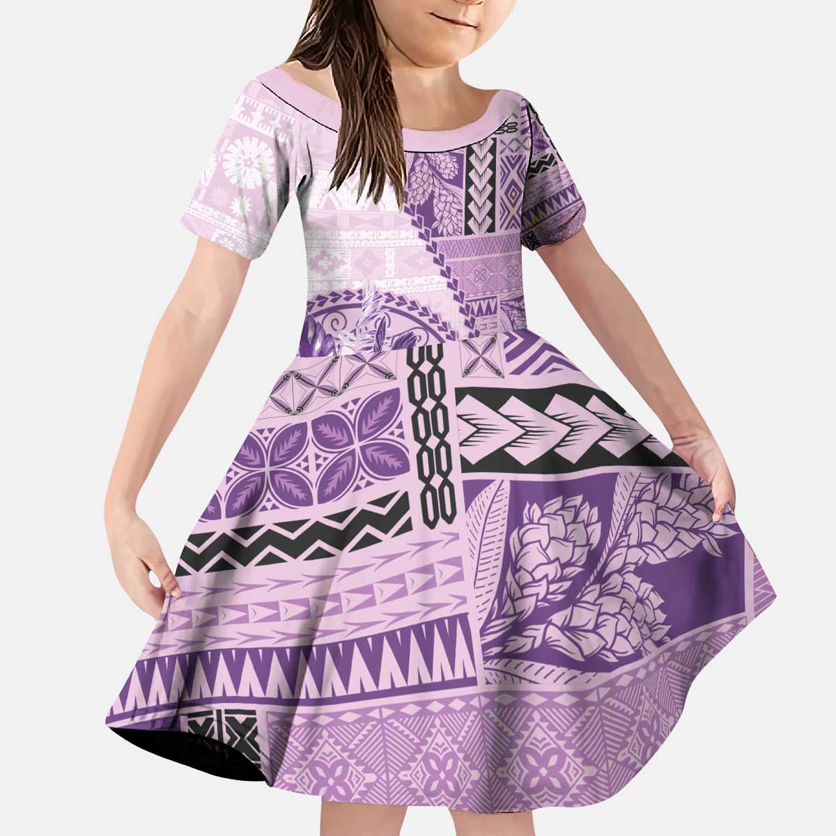 Samoa Siapo Elegant Kid Short Sleeve Dress Hibiscus Violet Motifs - Polynesian Pride