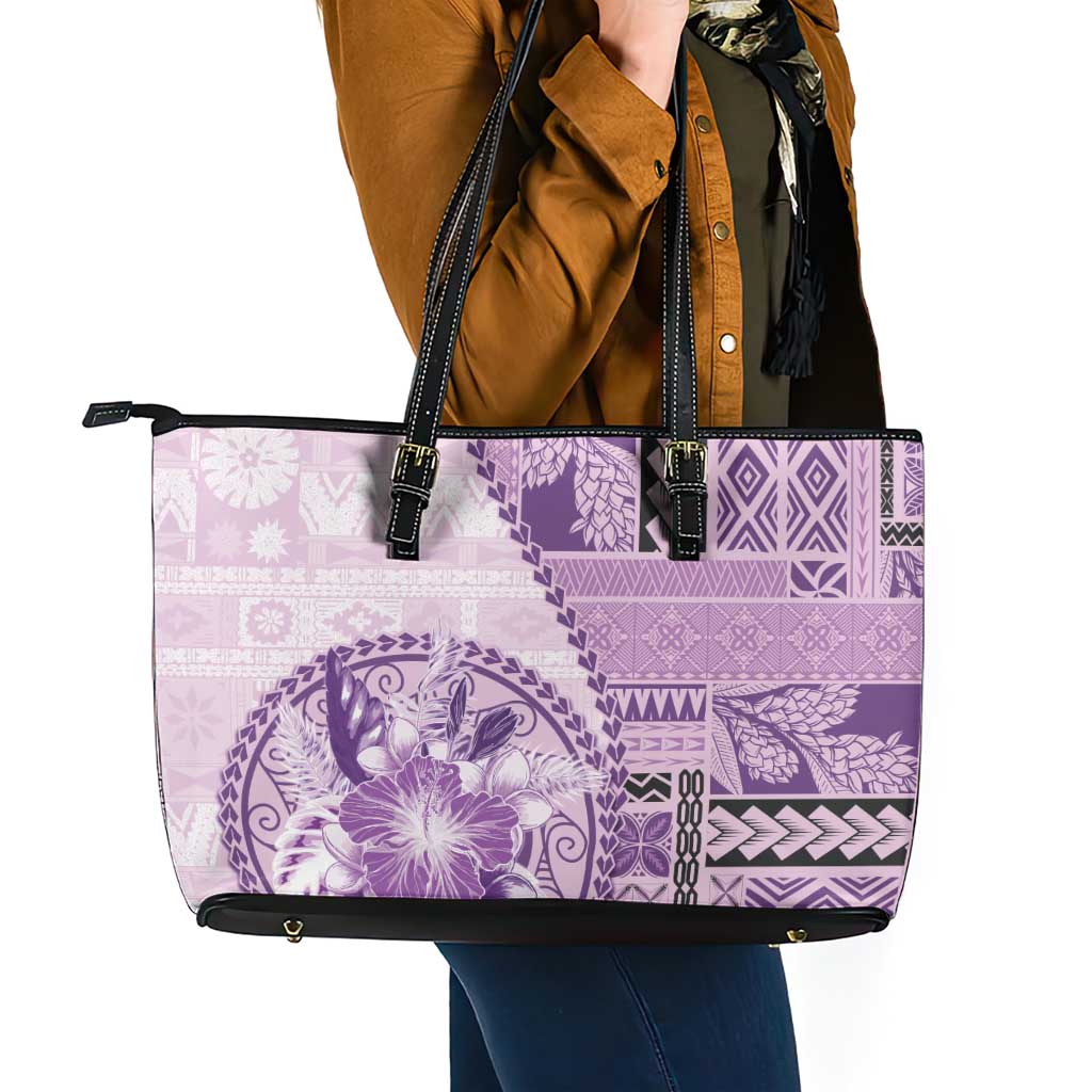 Samoa Siapo Elegant Leather Tote Bag Hibiscus Violet Motifs - Polynesian Pride