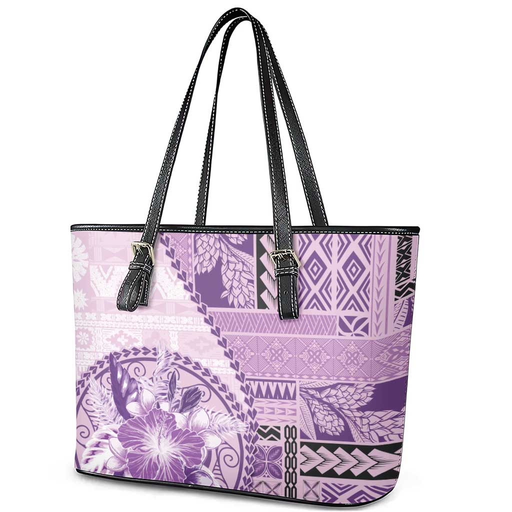 Samoa Siapo Elegant Leather Tote Bag Hibiscus Violet Motifs - Polynesian Pride