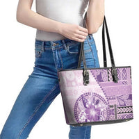 Samoa Siapo Elegant Leather Tote Bag Hibiscus Violet Motifs - Polynesian Pride