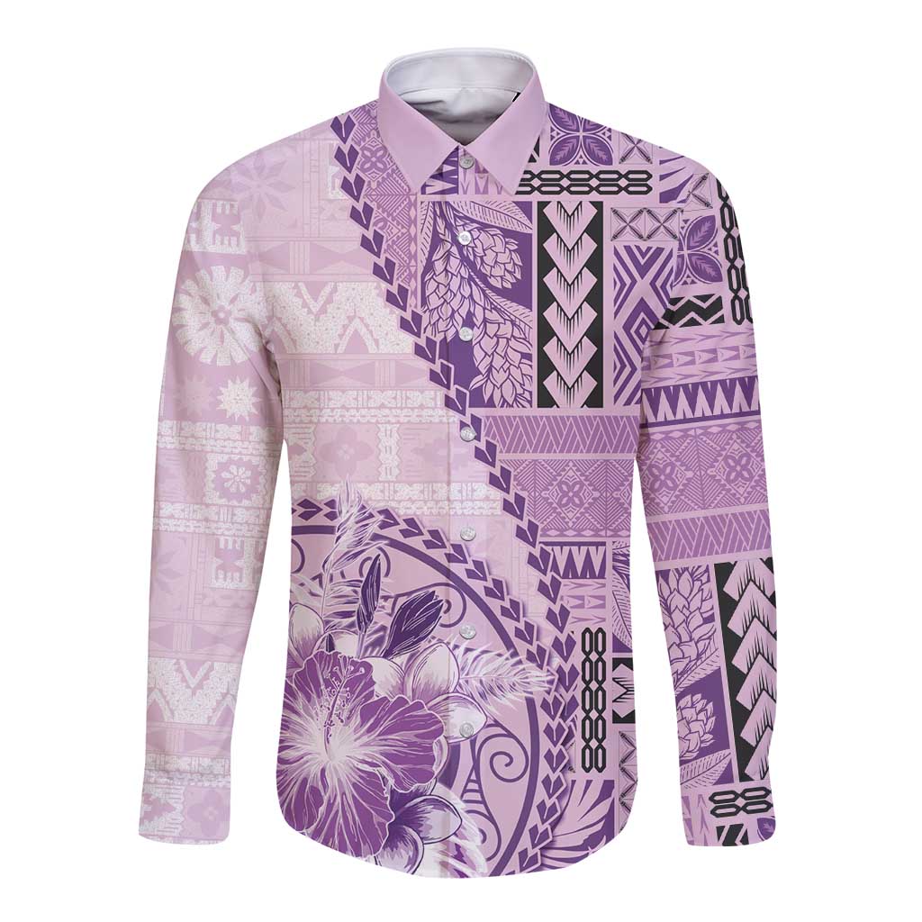 Samoa Siapo Elegant Long Sleeve Button Shirt Hibiscus Violet Motifs LT05 Unisex Violet - Polynesian Pride