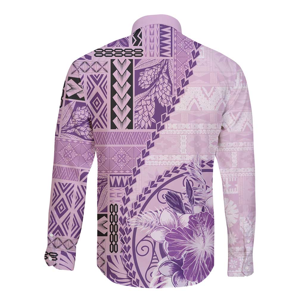 Samoa Siapo Elegant Long Sleeve Button Shirt Hibiscus Violet Motifs LT05 - Polynesian Pride