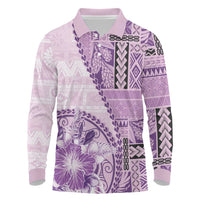 Samoa Siapo Elegant Long Sleeve Polo Shirt Hibiscus Violet Motifs - Polynesian Pride