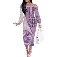 Samoa Siapo Elegant Off The Shoulder Long Sleeve Dress Hibiscus Violet Motifs - Polynesian Pride