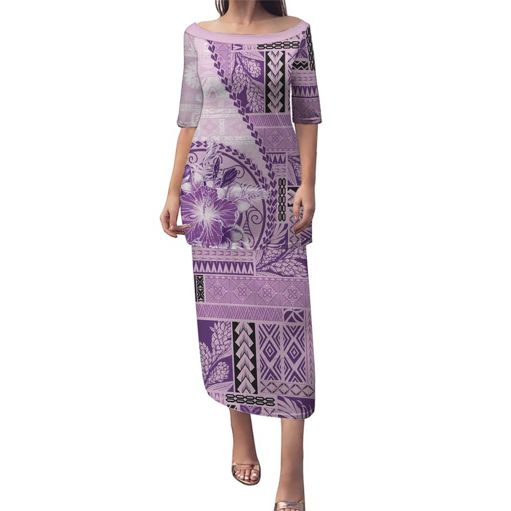 Samoa Siapo Elegant Puletasi Hibiscus Violet Motifs LT05 Long Dress Violet - Polynesian Pride