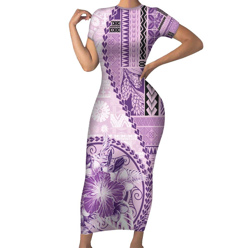Samoa Siapo Elegant Short Sleeve Bodycon Dress Hibiscus Violet Motifs - Polynesian Pride