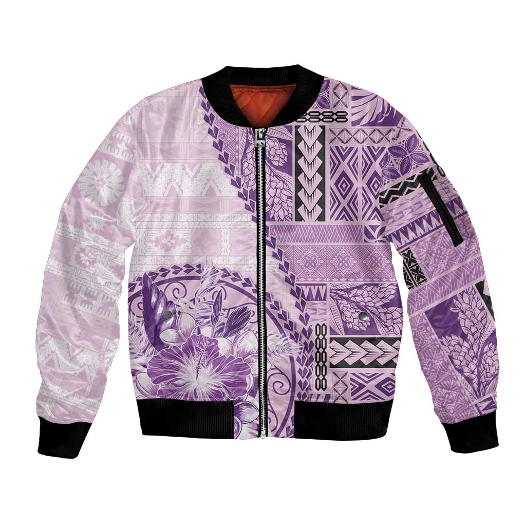 Samoa Siapo Elegant Sleeve Zip Bomber Jacket Hibiscus Violet Motifs - Polynesian Pride