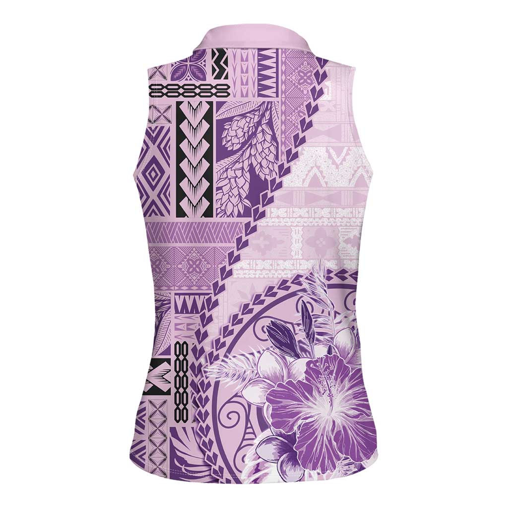 Samoa Siapo Elegant Women Sleeveless Polo Shirt Hibiscus Violet Motifs - Polynesian Pride