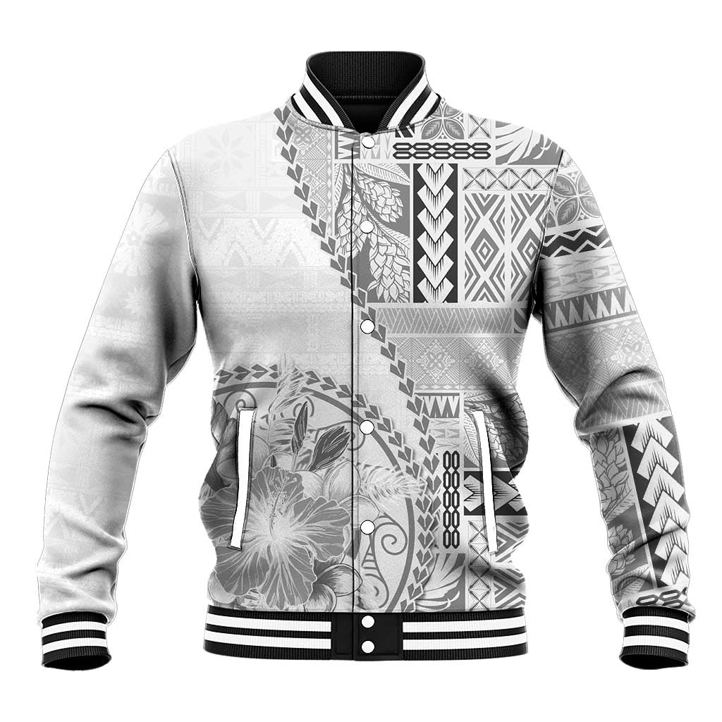Samoa Siapo Elegant Baseball Jacket Hibiscus White Motifs LT05 Unisex White - Polynesian Pride