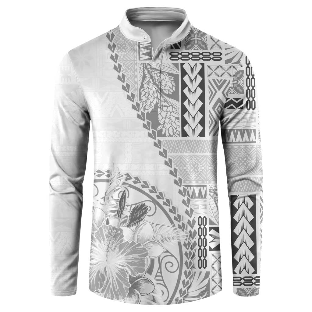 Samoa Siapo Elegant Button Sweatshirt Hibiscus White Motifs LT05 White - Polynesian Pride