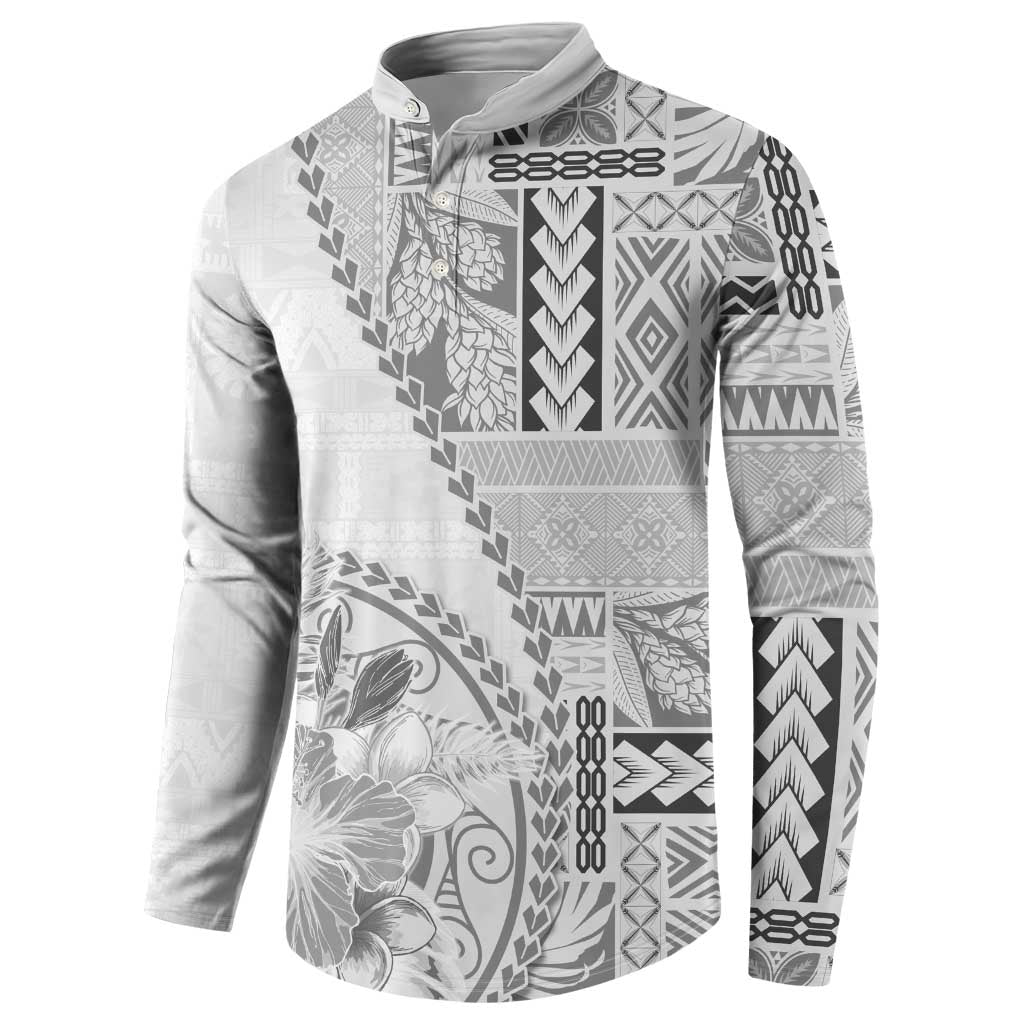Samoa Siapo Elegant Button Sweatshirt Hibiscus White Motifs LT05 - Polynesian Pride