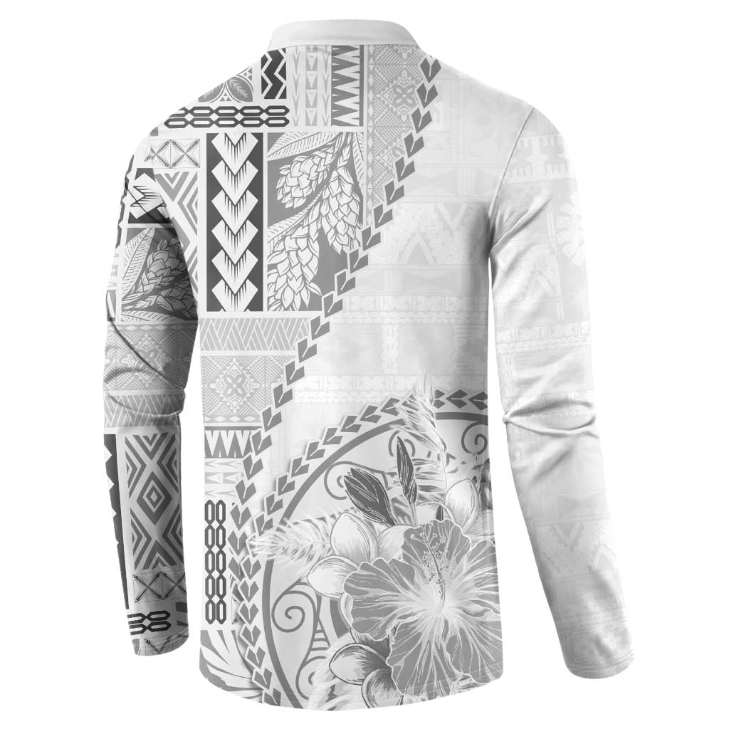 Samoa Siapo Elegant Button Sweatshirt Hibiscus White Motifs LT05 - Polynesian Pride