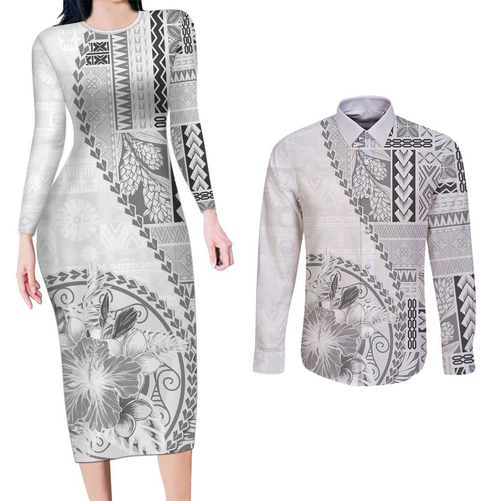 Samoa Siapo Elegant Couples Matching Long Sleeve Bodycon Dress and Long Sleeve Button Shirt Hibiscus White Motifs LT05 White - Polynesian Pride