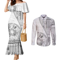 Samoa Siapo Elegant Couples Matching Mermaid Dress and Long Sleeve Button Shirt Hibiscus White Motifs LT05 White - Polynesian Pride