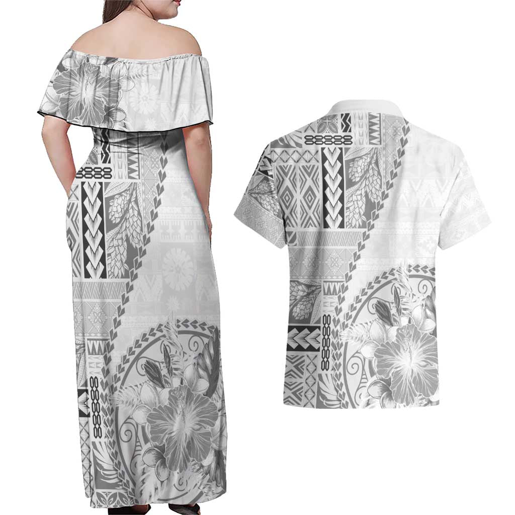 Samoa Siapo Elegant Couples Matching Off Shoulder Maxi Dress and Hawaiian Shirt Hibiscus White Motifs - Polynesian Pride
