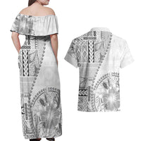 Samoa Siapo Elegant Couples Matching Off Shoulder Maxi Dress and Hawaiian Shirt Hibiscus White Motifs - Polynesian Pride