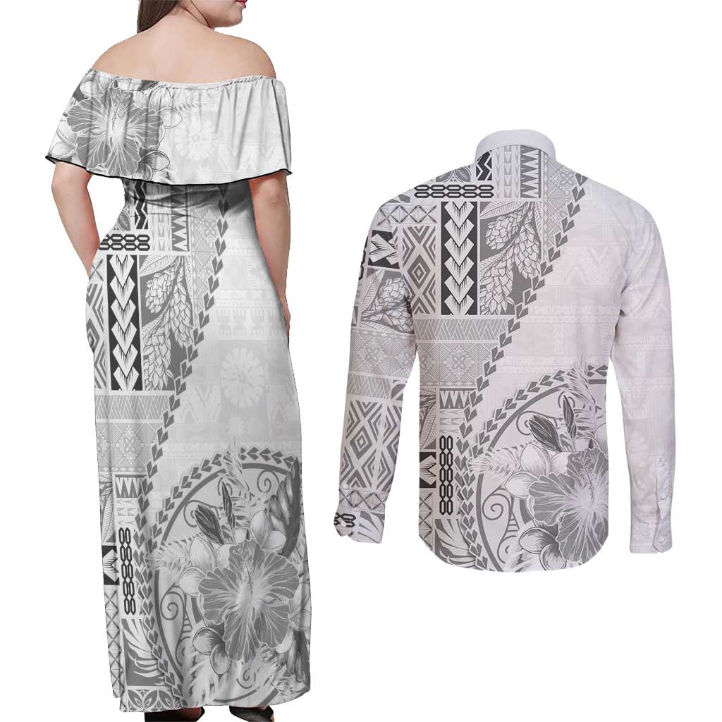 Samoa Siapo Elegant Couples Matching Off Shoulder Maxi Dress and Long Sleeve Button Shirt Hibiscus White Motifs LT05 - Polynesian Pride