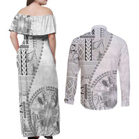 Samoa Siapo Elegant Couples Matching Off Shoulder Maxi Dress and Long Sleeve Button Shirt Hibiscus White Motifs LT05 - Polynesian Pride