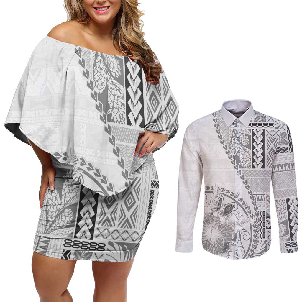 Samoa Siapo Elegant Couples Matching Off Shoulder Short Dress and Long Sleeve Button Shirt Hibiscus White Motifs LT05 White - Polynesian Pride