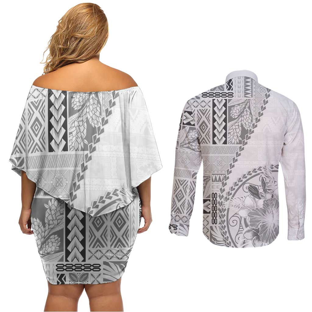Samoa Siapo Elegant Couples Matching Off Shoulder Short Dress and Long Sleeve Button Shirt Hibiscus White Motifs LT05 - Polynesian Pride