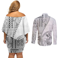 Samoa Siapo Elegant Couples Matching Off Shoulder Short Dress and Long Sleeve Button Shirt Hibiscus White Motifs LT05 - Polynesian Pride