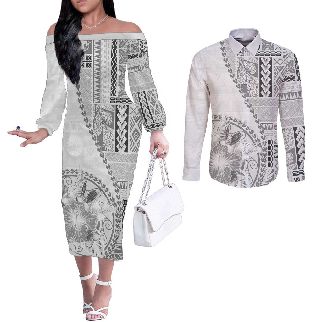 Samoa Siapo Elegant Couples Matching Off The Shoulder Long Sleeve Dress and Long Sleeve Button Shirt Hibiscus White Motifs LT05 White - Polynesian Pride