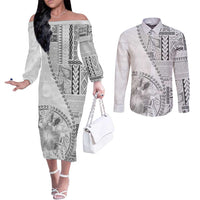 Samoa Siapo Elegant Couples Matching Off The Shoulder Long Sleeve Dress and Long Sleeve Button Shirt Hibiscus White Motifs LT05 White - Polynesian Pride