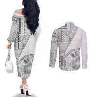 Samoa Siapo Elegant Couples Matching Off The Shoulder Long Sleeve Dress and Long Sleeve Button Shirt Hibiscus White Motifs LT05 - Polynesian Pride