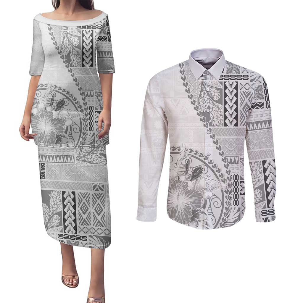Samoa Siapo Elegant Couples Matching Puletasi and Long Sleeve Button Shirt Hibiscus White Motifs LT05 White - Polynesian Pride