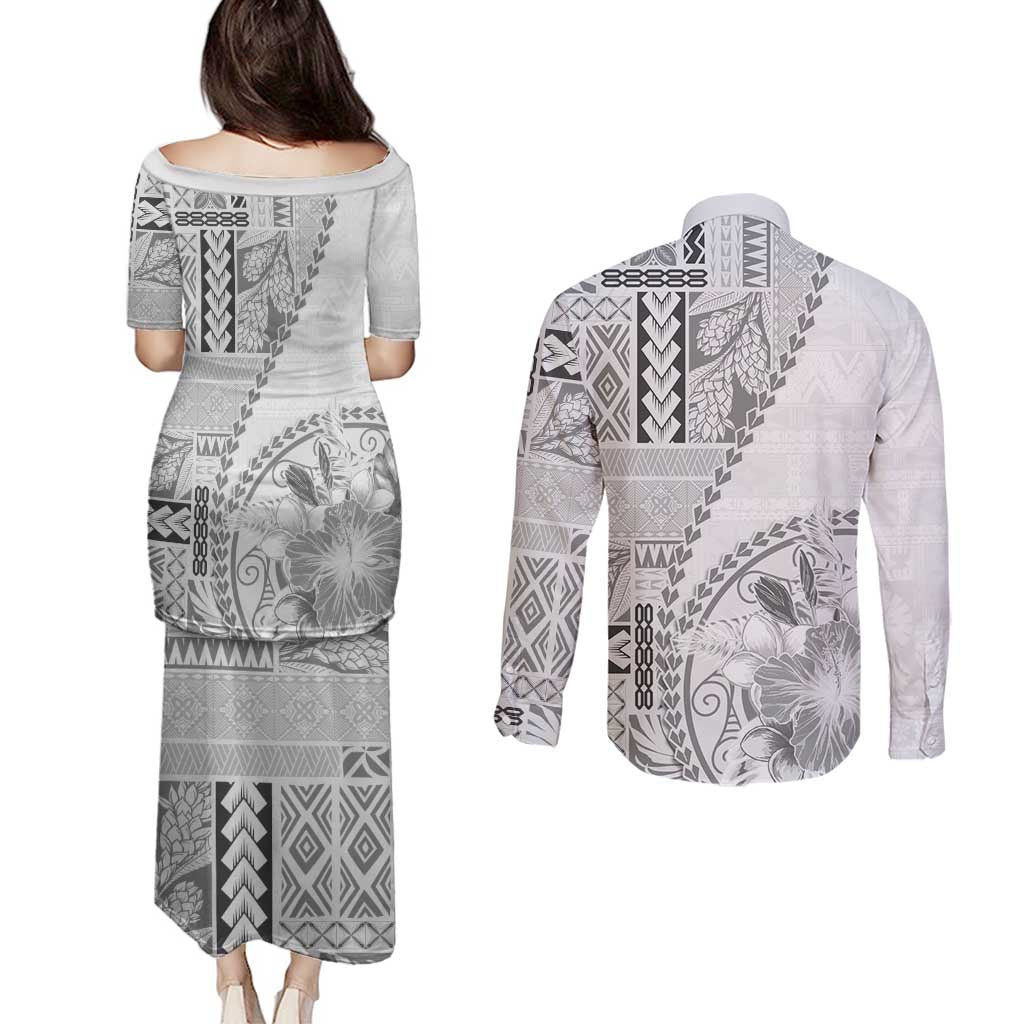 Samoa Siapo Elegant Couples Matching Puletasi and Long Sleeve Button Shirt Hibiscus White Motifs LT05 - Polynesian Pride