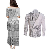 Samoa Siapo Elegant Couples Matching Puletasi and Long Sleeve Button Shirt Hibiscus White Motifs LT05 - Polynesian Pride