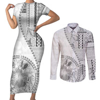 Samoa Siapo Elegant Couples Matching Short Sleeve Bodycon Dress and Long Sleeve Button Shirt Hibiscus White Motifs LT05 White - Polynesian Pride