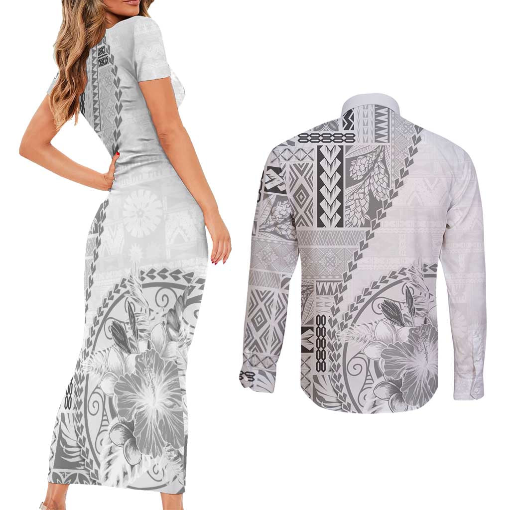 Samoa Siapo Elegant Couples Matching Short Sleeve Bodycon Dress and Long Sleeve Button Shirt Hibiscus White Motifs LT05 - Polynesian Pride