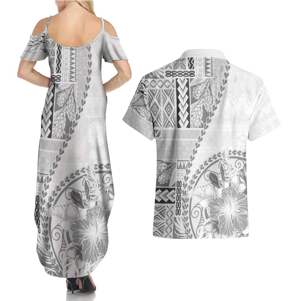 Samoa Siapo Elegant Couples Matching Summer Maxi Dress and Hawaiian Shirt Hibiscus White Motifs - Polynesian Pride