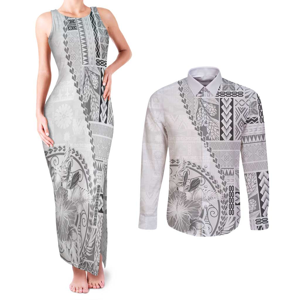 Samoa Siapo Elegant Couples Matching Tank Maxi Dress and Long Sleeve Button Shirt Hibiscus White Motifs LT05 White - Polynesian Pride
