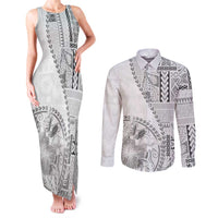 Samoa Siapo Elegant Couples Matching Tank Maxi Dress and Long Sleeve Button Shirt Hibiscus White Motifs LT05 White - Polynesian Pride