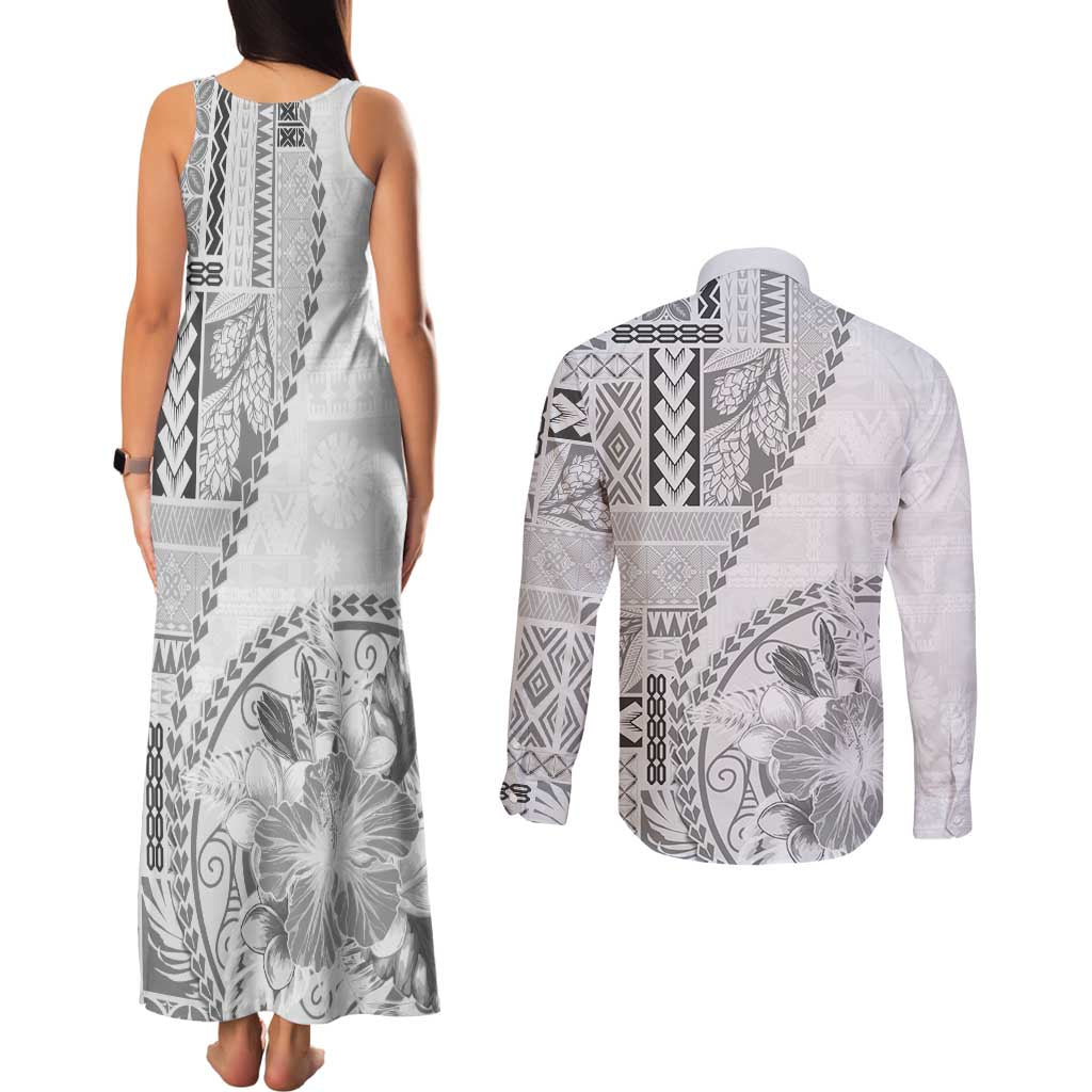 Samoa Siapo Elegant Couples Matching Tank Maxi Dress and Long Sleeve Button Shirt Hibiscus White Motifs LT05 - Polynesian Pride