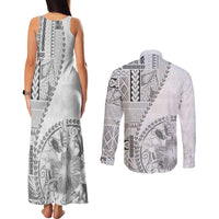 Samoa Siapo Elegant Couples Matching Tank Maxi Dress and Long Sleeve Button Shirt Hibiscus White Motifs LT05 - Polynesian Pride