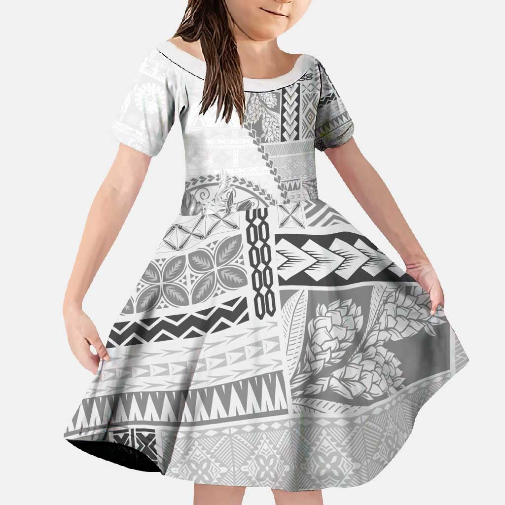 Samoa Siapo Elegant Family Matching Long Sleeve Bodycon Dress and Hawaiian Shirt Hibiscus White Motifs - Polynesian Pride