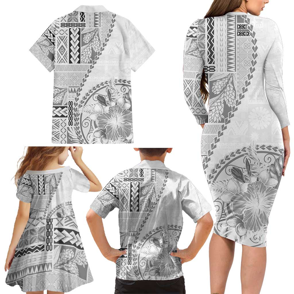 Samoa Siapo Elegant Family Matching Long Sleeve Bodycon Dress and Hawaiian Shirt Hibiscus White Motifs - Polynesian Pride
