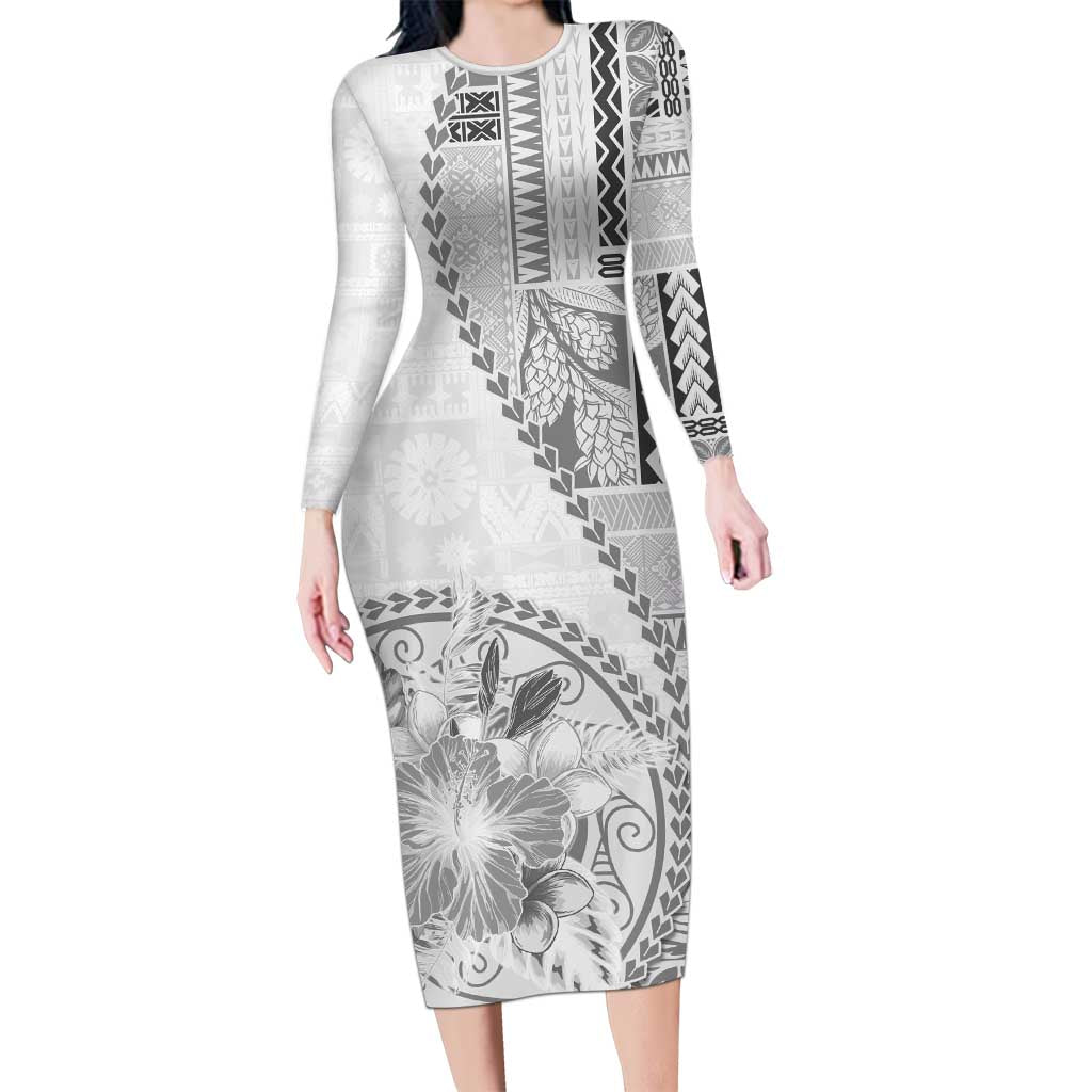 Samoa Siapo Elegant Family Matching Long Sleeve Bodycon Dress and Hawaiian Shirt Hibiscus White Motifs - Polynesian Pride