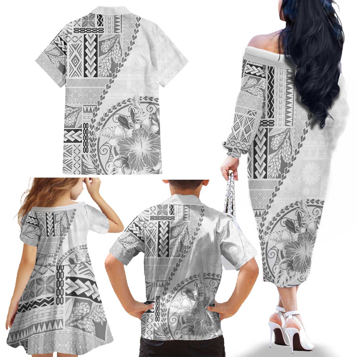 Samoa Siapo Elegant Family Matching Off The Shoulder Long Sleeve Dress and Hawaiian Shirt Hibiscus White Motifs - Polynesian Pride