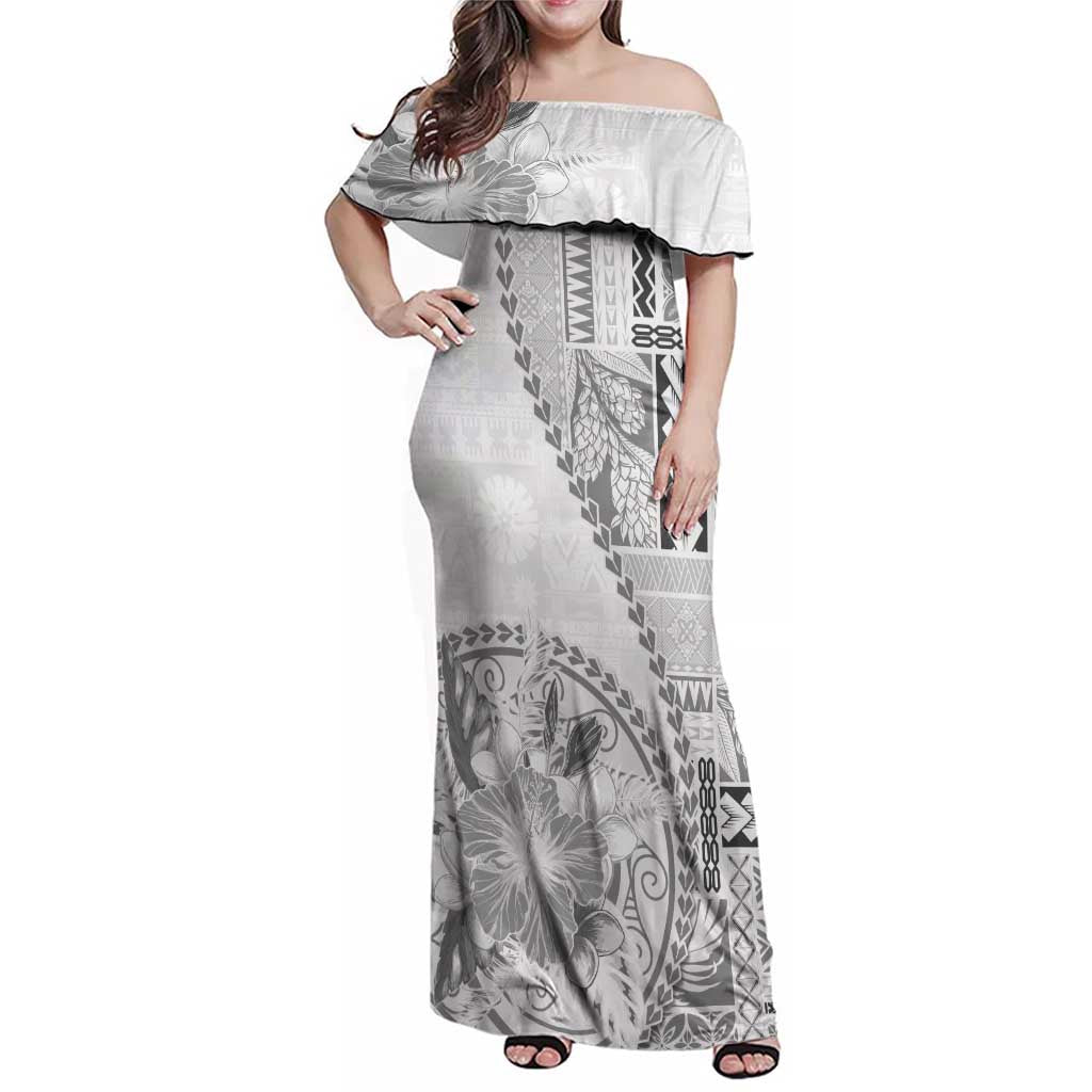 Samoa Siapo Elegant Family Matching Off Shoulder Maxi Dress and Hawaiian Shirt Hibiscus White Motifs - Polynesian Pride