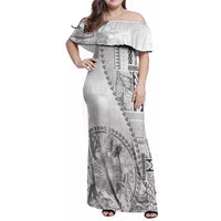 Samoa Siapo Elegant Family Matching Off Shoulder Maxi Dress and Hawaiian Shirt Hibiscus White Motifs - Polynesian Pride