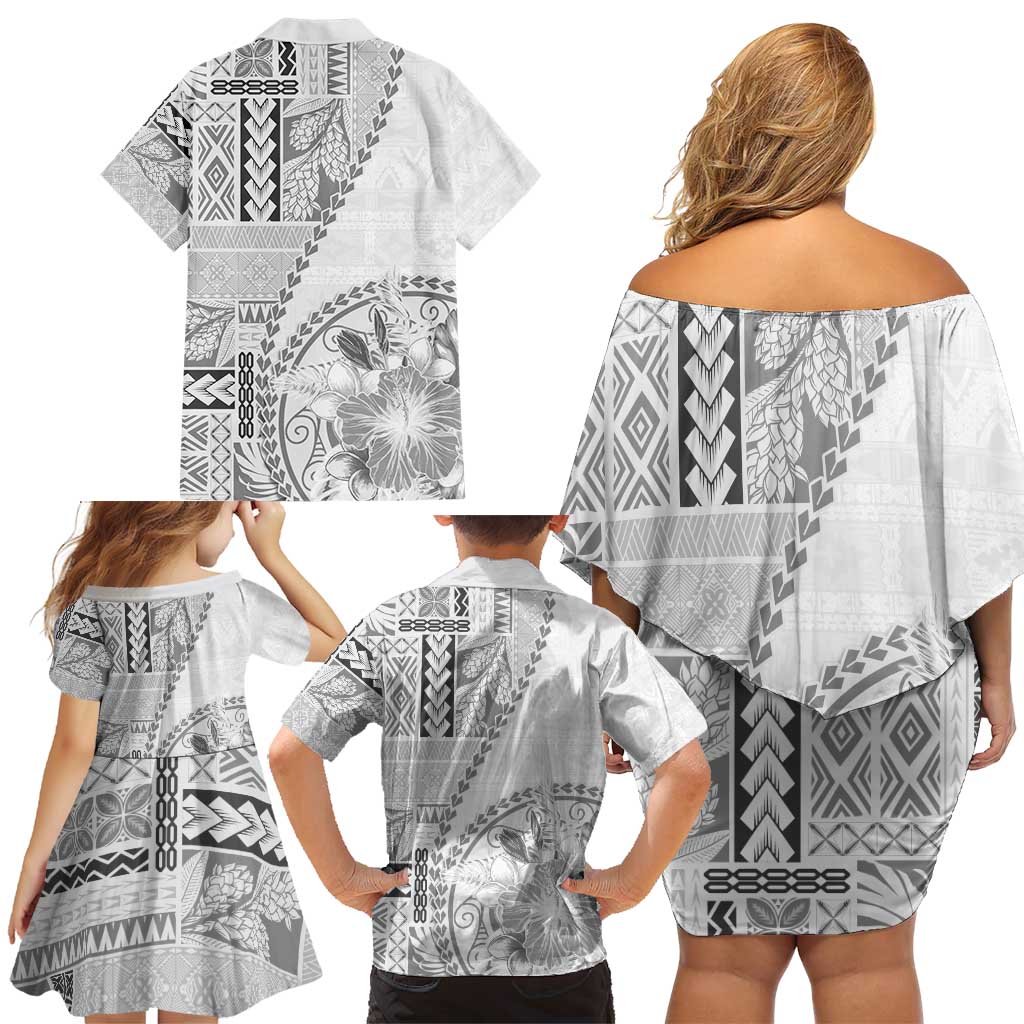 Samoa Siapo Elegant Family Matching Off Shoulder Short Dress and Hawaiian Shirt Hibiscus White Motifs - Polynesian Pride