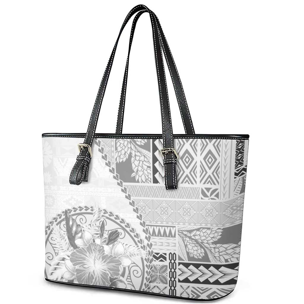 Samoa Siapo Elegant Leather Tote Bag Hibiscus White Motifs - Polynesian Pride