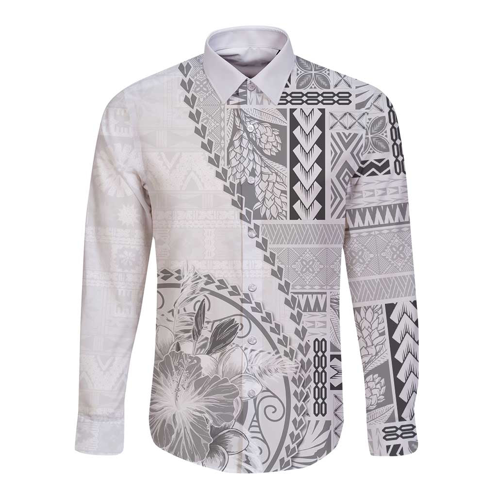 Samoa Siapo Elegant Long Sleeve Button Shirt Hibiscus White Motifs LT05 Unisex White - Polynesian Pride